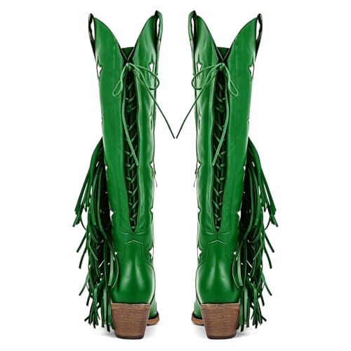 Image of richealnini Western Thigh High Cowboy Boots with Fringe Over Knee Wide Calf Cowgirl Boots