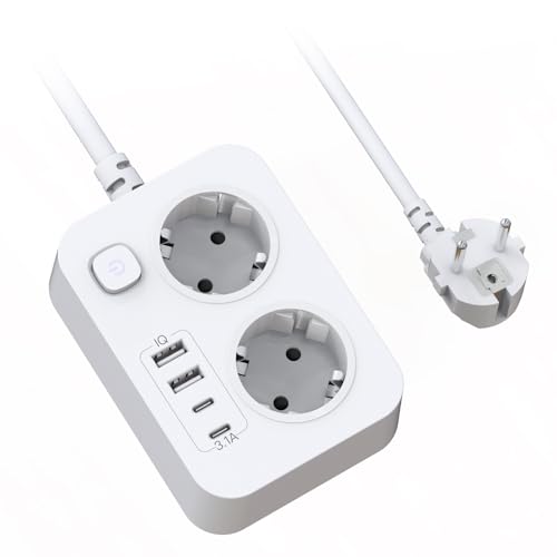 Steckdosenleiste mit USB, Mehrfachsteckdose mit 1.8M Verlängerungskabel, Tragbar 2 Fach Steckdose Steckerleiste mit Überspannungsschutz, Verteilersteckdose Wandmontage für Haus...