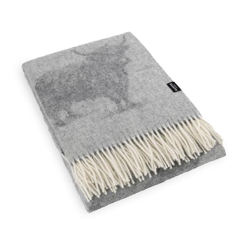 Simply Sheepskin Wool Blanket - Highland Cow Grey Wool Blanket - Jacquard woven - New Zealand Wool Throw 140x200 cm