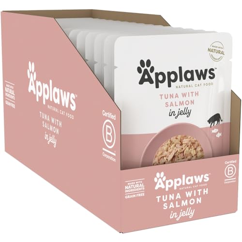 Applaws Comida para gatos en sobre de 70 g, Atún Entero con Salmón en Gelatina - Paquete de 16 sobres de 70 g