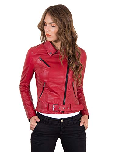 Blouson en cuir motard femme rouge Made in Italy fausse ceinture