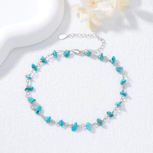 Image of Natural Turquoise Anklet 925 Sterling Silver Raw Turquoise Gemstone Adjustable Foot Anklet Bracelet Beach Summer Jewelry Gifts for Women