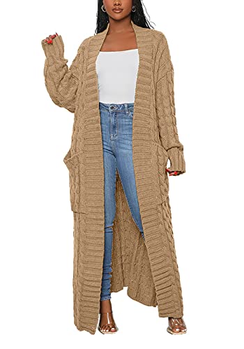 Image of Tcremisa Long Cable Knit Cardigans for Women Chunky Maxi Sweater Coat | Long Sleeve,Open Front,Ankle Length,Floor Length, Dual Pockets,Extra Knitted Duster,Loose Cozy Winter Outwear