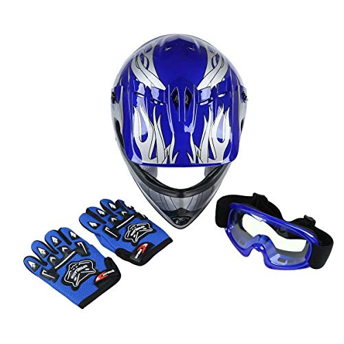 Slmoto Dot Youth & Kids Motocross Offroad Street Helmet Blue Flame Motorcycle Youth Helmet Dirt Bike Motocross Atv Helmet+Goggles+Gloves Medium #TOP7