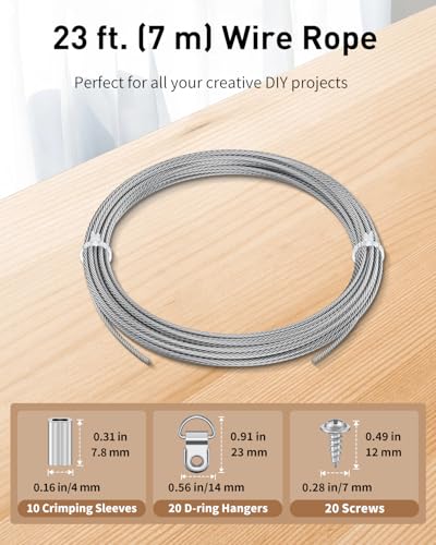 Image of Uniclife Picture Hanging Wire, 23 Feet 1 /32 inch Picture Wire Kit with D-Ring Hangers, Stainless Steel Wire Rope for up to 110 lbs, Trellis Wire Cable for Pictures Photo Frames and String Lights