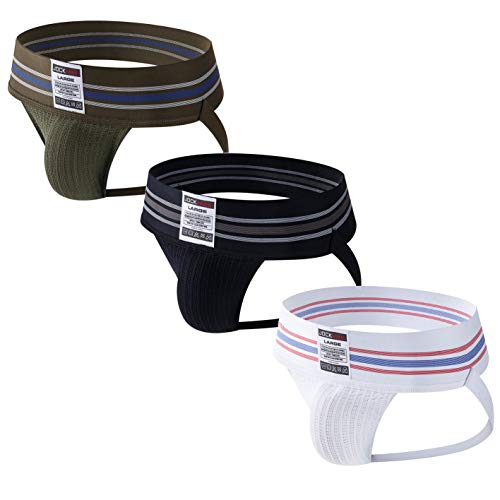 JOCKMAIL 3PCS/Pack Mens Jock Strap Briefs Mens Athletic Jockstrap Sport Underwear Briefs Athletic Supporter (XL, Black+White+Army Green)