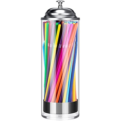 Patelai Plastic Straw Dispenser and 100 Pcs Drinking Straw Organizer Container with Stainless Steel Lid Cover