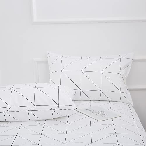 Image of Best Season Bed Sheet Set 4 Pieces -Full Size-Soft Durable Microfiber Bedding Sheet Set,Deep Pocket,Stain,Fade & Wrinkle Resistant(Geometric White)