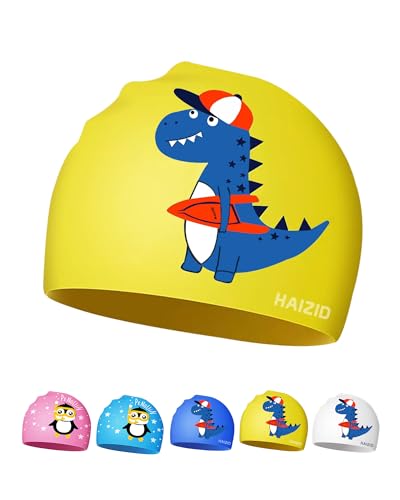 PAEHUIMT Gorro Piscina Niño Niña, Gorros Natación Niños 4 a 12 Años, Impermeable Silicona, Gorro de Baño (Dinosaurio, Amarillo)