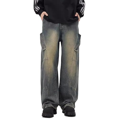 Baggy Cargo Jeans for Men Teen Boys Y2k Hip Hop Loose Fit Jeans Seam Front Straight Leg Skater Streetwear Denim Pants