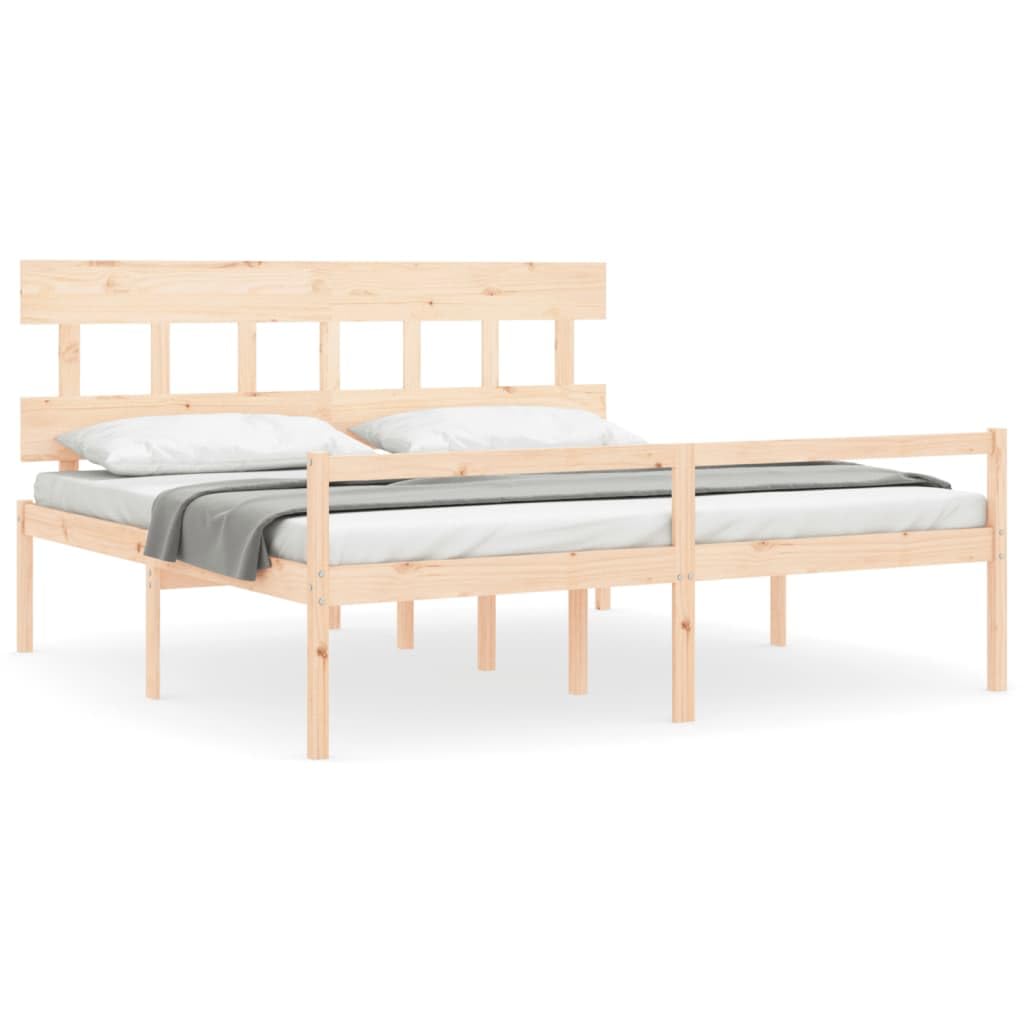 Lite drewno sosnowe z podwyższonym wezgłowiem 45 cm Brąz 200 x 200 cm | Łóżko dla seniora 200x200 z zagłówkiem, lite drewno sosnowe, rama 45 cm, przechowywanie pod łóżkiem