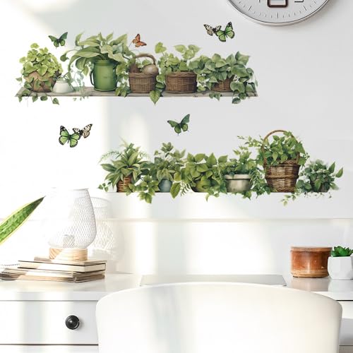 Green Plant Wall Decals 3D Bonsai Tropical Plant Betterfly Wall Sticker Creative Vinyl Peel and...