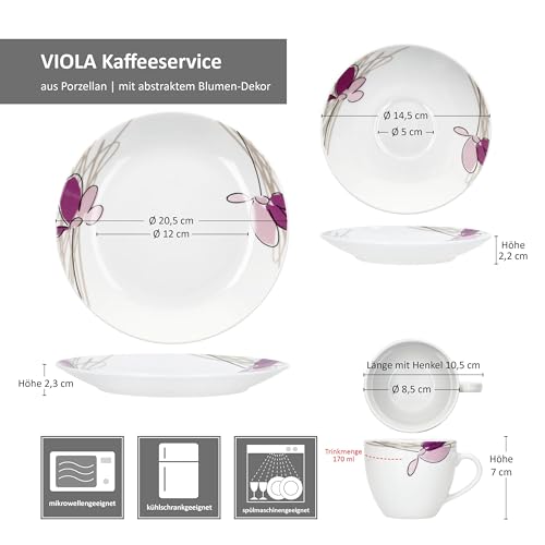 MamboCat Viola 18tlg Kaffeeservice I weißes Porzellan-Geschirr mit Blumen-Dekor für 6 Personen I Je 6x Tassen 170ml, Untertassen & Teller für Frühstück & Kaffee