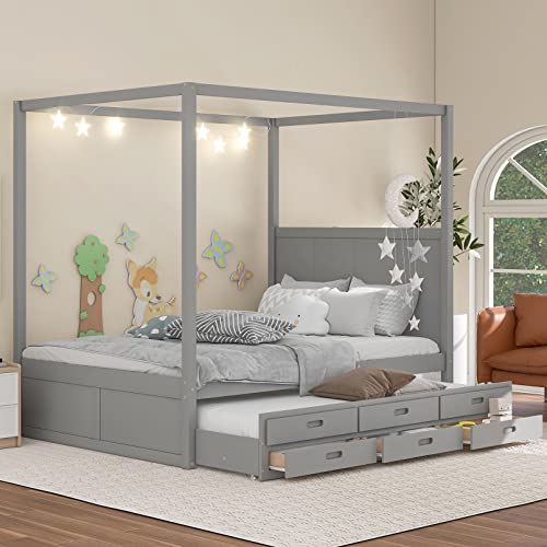 Queen Size Wood Canopy Platform Bed Frames With Twin Size Trundle & 3 Storage Drawers, No Box Spring Needed, Easy To Assemble For Bedroom Small Living Space Boys Girls (Grey) #TOP3