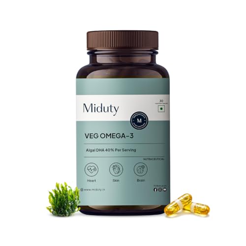Image of Miduty Veg Omega-3 500mg | 40% Algal DHA + EPA | High-Potency Plant-Based Omega-3 | No Fish Oil, No Fishy Burps | Veg Capsules for Men & Women - 30 Capsules