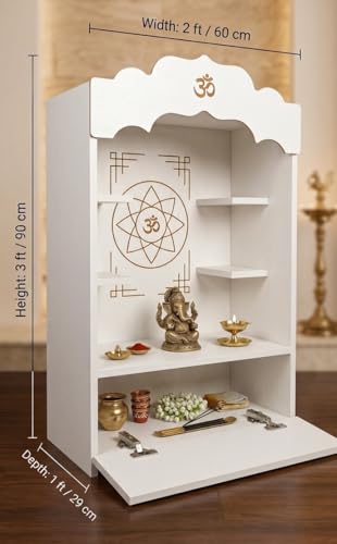 Image of Alpine Willow 3 Ft X 2 Ft Wooden Temple (DIY Assembly-Do it Yourself) I Mandir for Home I Pooja ghar I Corian Design devghar I Medium Size Temple for Home I Pooja Mandir Unit I Devghar with LED Light