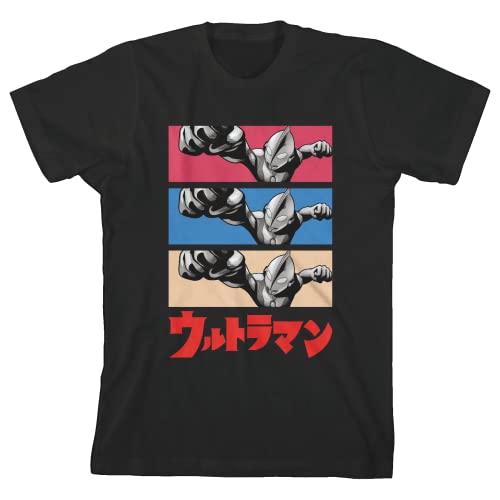 Ultraman Monochrome Hero in Colored Panels Crew Neck Short Sleeve Boy's Black T-Shirt