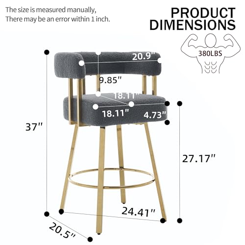 Image of YITAI 27 inch H Counter Height Bar Chairs Set of 4, Modern Barrel Counter Bar Stools with Backrest and Arms, Gold Metal Legs, Teddy Velvet Upholstered Accent Barstools for Kitchen Island, Gray