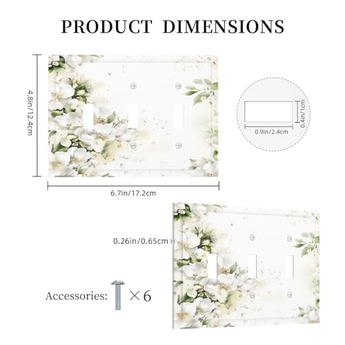 Decorative Switch Plate Covers Rustic Ink Green Leaves White Florals Flower 3 Gang Light Switch Cover Plate Triple Toggle Wall Plate Light Switch Covers for Bedroom Home Decor