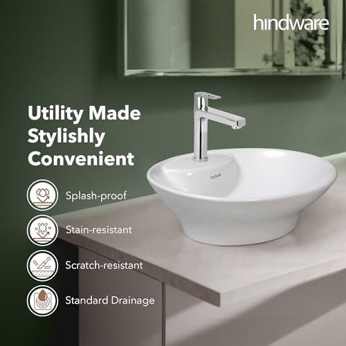 Image of Hindware Evita Table Top Wash Basin for Bathroom | Made of Ceramic | Star White | Oval Shape | Over the Counter Basin