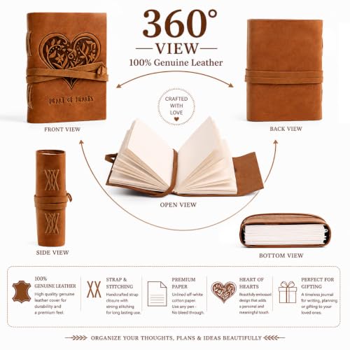 Image of CAVALO Vintage Leather Diary Journal for Men & Women (5x7 Inch, 240 Unlined Thick Pages) - Handmade Antique Embossed Leather Notebook for Sketching, Writing & Gifting (Heart of Heart)