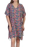 Elu ♥ Womens Turkish Kaftan Kimono Maxi Dress Caftan Beach Swimsuit Cover up Loungewear (Blue crepe pink yellow floral KA003)