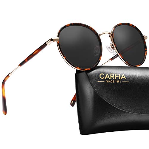 Carfia Designer Retro Round Sunglasses for Women Polarized UV400 Protection Metal Frame with Acetate Rims Vintage Glasses