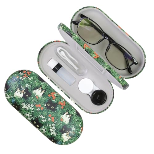 FlyingMage 2 in 1 Contact Lens Case and Eyeglasses Case for Women Men Kids, Double Sided Hard Shell Portable Glasses Travel Holder with Built-in Mirror, Contact Lens Box Storage Kit (Green Cat)
