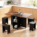 Warmiehomy 5 Piece Folding Dining Table and Chairs Wooden Drop Leaf Dining Table with Storage Shelves & 6 Wheels and Kitchen Stools Set of 4 for Compact Apartment Home Living Room, Space Saving