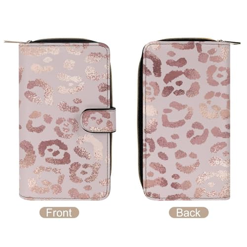 Nugier Women Soft PU Leather Wallet, Zipper Card Case Clutch Credit Bills Money Crash Coin 7.8x4.3x1.4 in Holder Purse Print Rose Gold Leopard Skin4