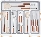 Homecor Large Utensil Organizer for Kitchen Drawer, Expandable Silverware Drawer Organizer Cooking Tray, Cutlery and Flatware Utensil Holder Kitchen Spatula Tools Storage with 3 Dividers, Grey