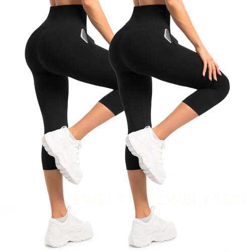 Sanpetix Damen 3/4 Leggings mit Taschen, 2er Pack Capri Leggings mit hoher Taille für Damen, butterweiche, elastische Hosen für Workout, Fitnessstudio und Yoga Schwarz LXL