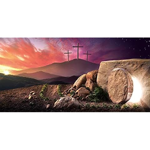 AOFOTO 6x3ft Jesus Christ Cross Easter Backdrop Sunrise Golgotha Crucifiction Three Crosses Holy Light Stone Cave Tomb Calvary Resurrection Background for Photography Photo Studio Props Vinyl Cover