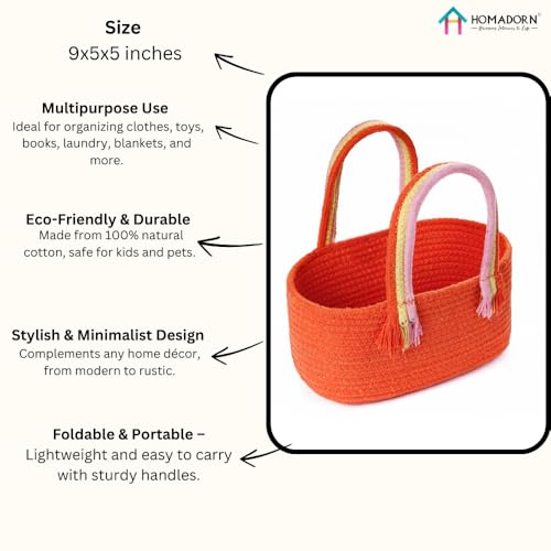 Image of HOMADORN Cotton Storage Basket with Sturdy Handles - Foldable, Durable, and Stylish Organizer for Toys, Clothes,Gifting and Home Essentials (ORANGE)