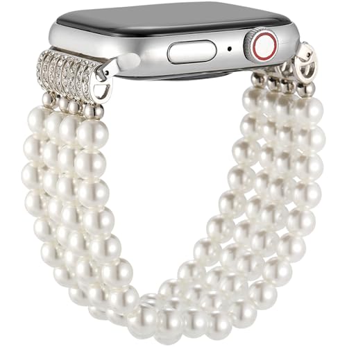 Greaciary Pearl Bracelet Compatible with 40mm Apple Watch band 38mm Series 6 5 Women Fashion Handmade Elastic Stretch Cute Beaded Strap Replacement (White 38mm/40mm Medium)