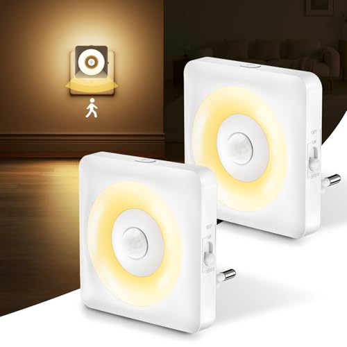 Luce Notturna Bambini da Presa, 2 Pezzi Luci Notturne con Sensore Movimento Modalità Sensore o Sempre Accesa Regolabile, Certificata CE per Interni da Letto, Soggiorno e Bagno (Bianco caldo)
