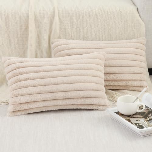 Image of Pallene Faux Fur Plush Lumbar Throw Pillow Covers 12x20 Set of 2, Luxury Soft Fluffy Striped Decorative Pillow Covers for Sofa, Couch, Living Room, Apricot