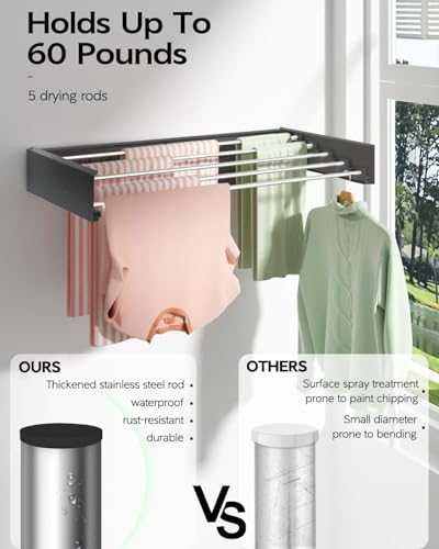 Image of Balcony with 5 Rods /Collapsible Metal Foldable Wall Mount Clothes Hanger /Cloth Drying Stand for Clothes Drying Rack for Laundry /Space Saver /Indoor /Outdoor