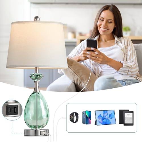 Hamucd Coastal Glass Table Lamps Set of 2, 3-Way Dimmable Touch Control Nautical Lamp with USB A+C Ports,Bedside Lamps Beach Decor, Modern Nightstand Lamps with 2 LED Bulbs for Bedroom Living Room - Image 3