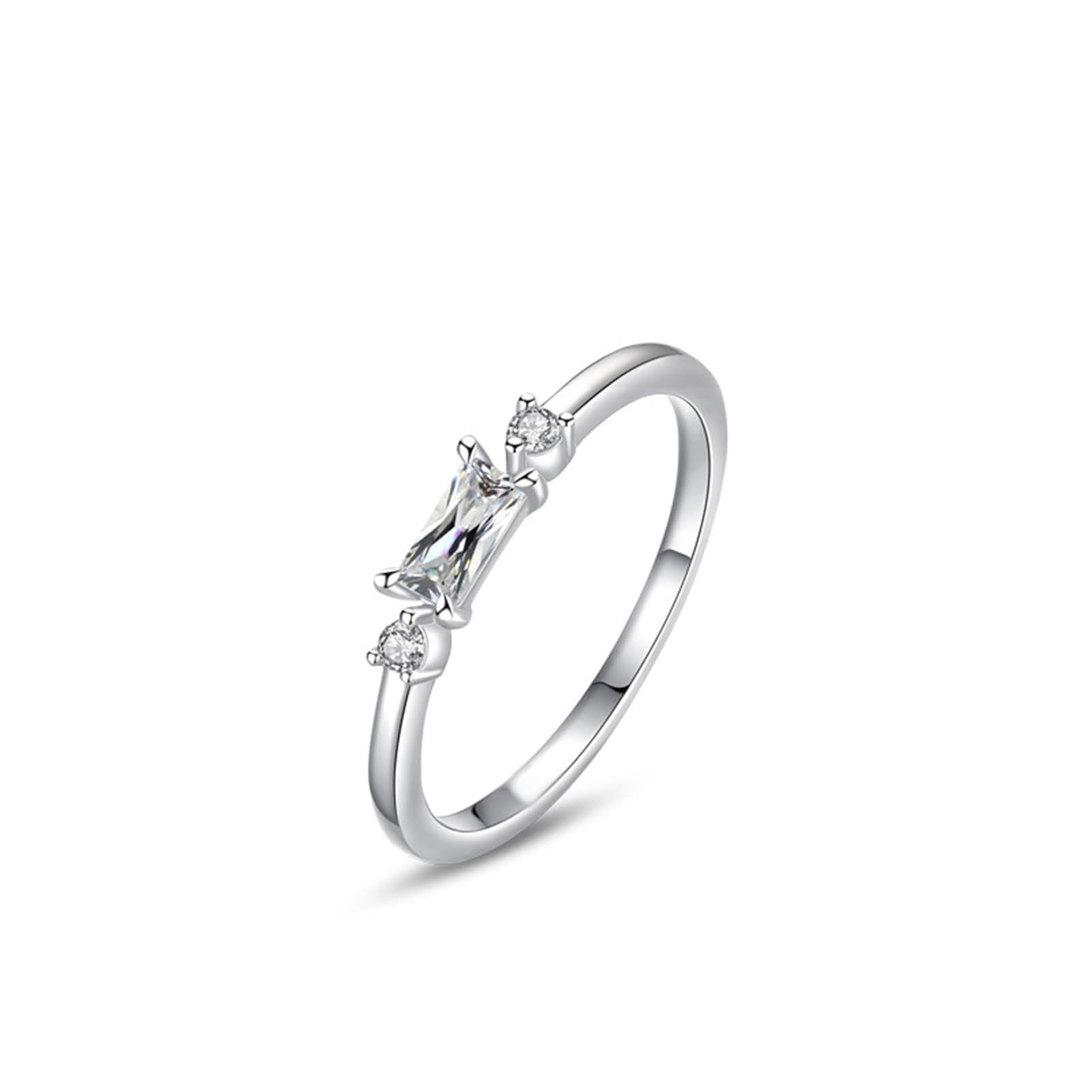 Anello da donna, minimalista, design sottile, rettangolare, moissanite rotonda 14 carati, in oro bianco 14 carati, misura 50 (15,9)