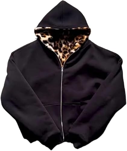 Image of CUTEGAL Zip Up Hoodie Oversized Leopard Print Jacket Reversible Streetwear Fall Grunge Hoodies Streetwear (US, Alpha, Small, Regular, Regular, Black-b)