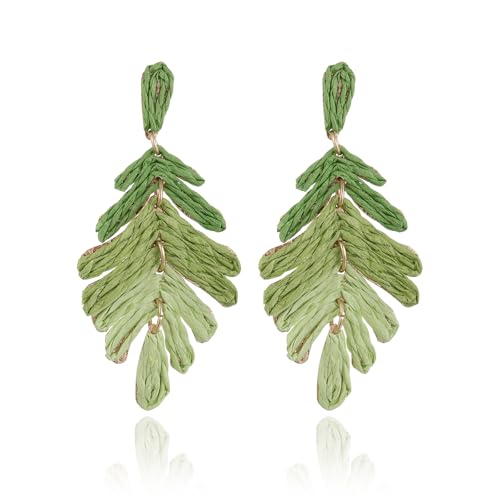 Raffia Long Palm Leaf Earrings, Colorful Handmade Rattan Leaf Drop Dangle Earrings Summer Tropical Beach Jewelry