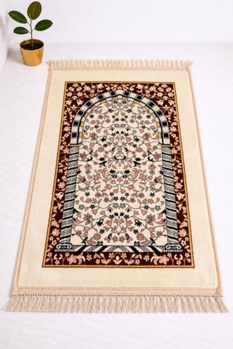Image of Janamaz Prayer Mat Turkey Soft Velvet | Namaz Mat, Janimaz Namaz Aasan, Islamic Prayer Rug for Salah | 70x110 CM (Printed White7)