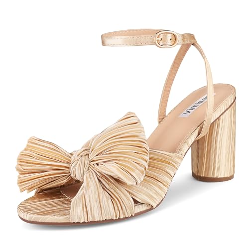 VIMISAOI Womens High Block Chunky Heel Sandals Fashion Open Toe Ankle Buckle Strap Pleated Bow Heel Sandals Wedding Dress Shoes Pumps