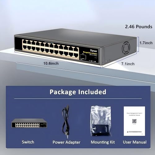 Image of 25-Port Full Gigabit Easy Smart Managed Ethernet Switch-24 Ethernet Ports & 1 SFP Port, Web & APP Managed, VLAN /QoS /IGMP /LAG /TELNET /CLI Supported, Home Office Network Hub, Metal Plug & Play