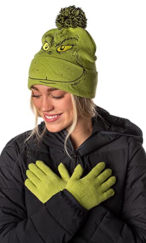 Dr. Seuss The Grinch Who Stole Christmas Embroidered Pom Beanie and Glove Set Green2