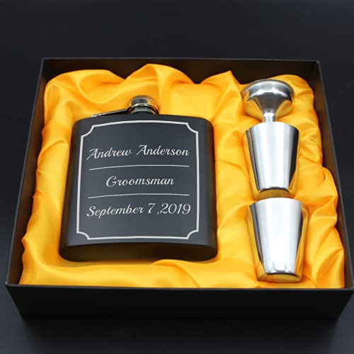 Petaca de whisky de acero inoxidable grabado con láser, personalizable, 2 tazas, grabado gratuito, para boda, cumpleaños, día del padre, caja de regalo negro (Negro3) Cover