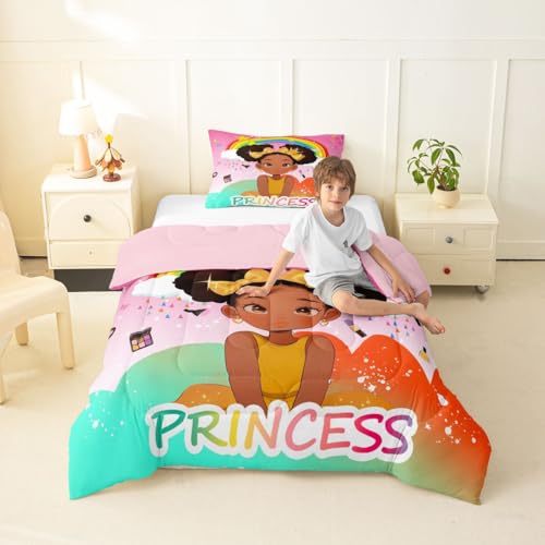 Image of Erosebridal Rainbow Black Girls Comforter Set Toddler Size African American Bedding Set Black Princess Girl Makeup Quilt Comforter Afro Little Girl Bed Set for Kids Melanin Bedroom Decor