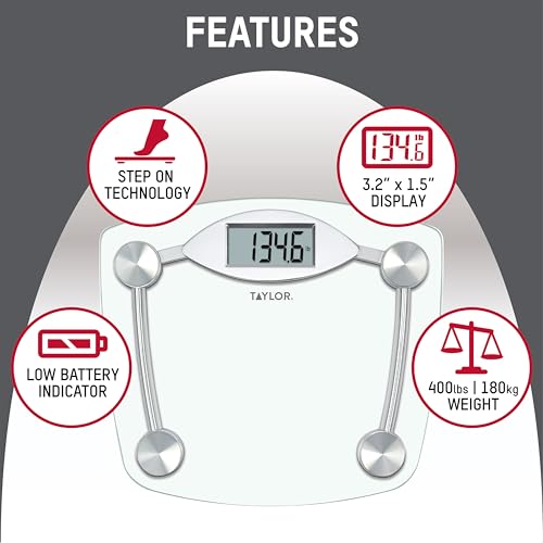 Image of Taylor Digital Bathroom Scale, Body Weight Scale, Instant On and Off, 400 lb Capacity, Sturdy Clear Glass with Chrome-Finish Base