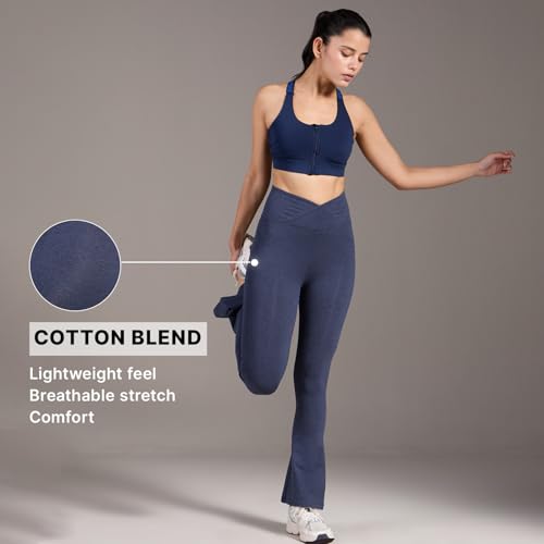 Image of Kica Criss Cross Cotton Flare Comfort Pants with Back Pocket and Ankle Slit Navy Blue